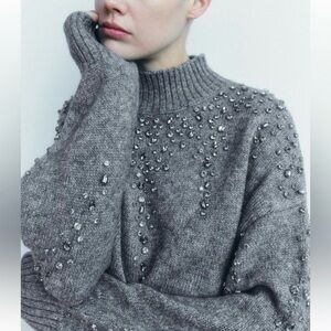 Zara Gray Beaded Turtleneck Sweater